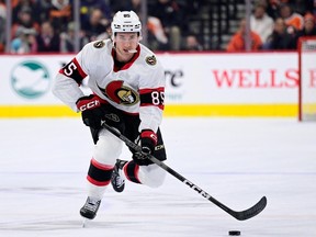 Jake Sanderson was injured in the Senators' game against the Red Wings on Feb. 1, before the all-star break.