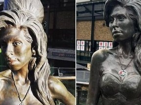 Someone defaced a life-size bronze statue of Amy Winehouse in London, putting Palestinian colours over a Star of David around her neck. This image was taken from an X post by @HenMazzig (https://twitter.com/HenMazzig/status/1759561835097764110)