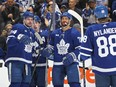 Auston Matthews #34 of the Toronto Maple Leafs celebrates his 53rd goal of the season against the Arizona Coyotes.