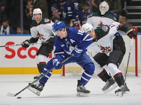 Mitch Marner of the Toronto Maple Leafs controls the puck against Nick Bjugstad of the Arizona Coyotes.
