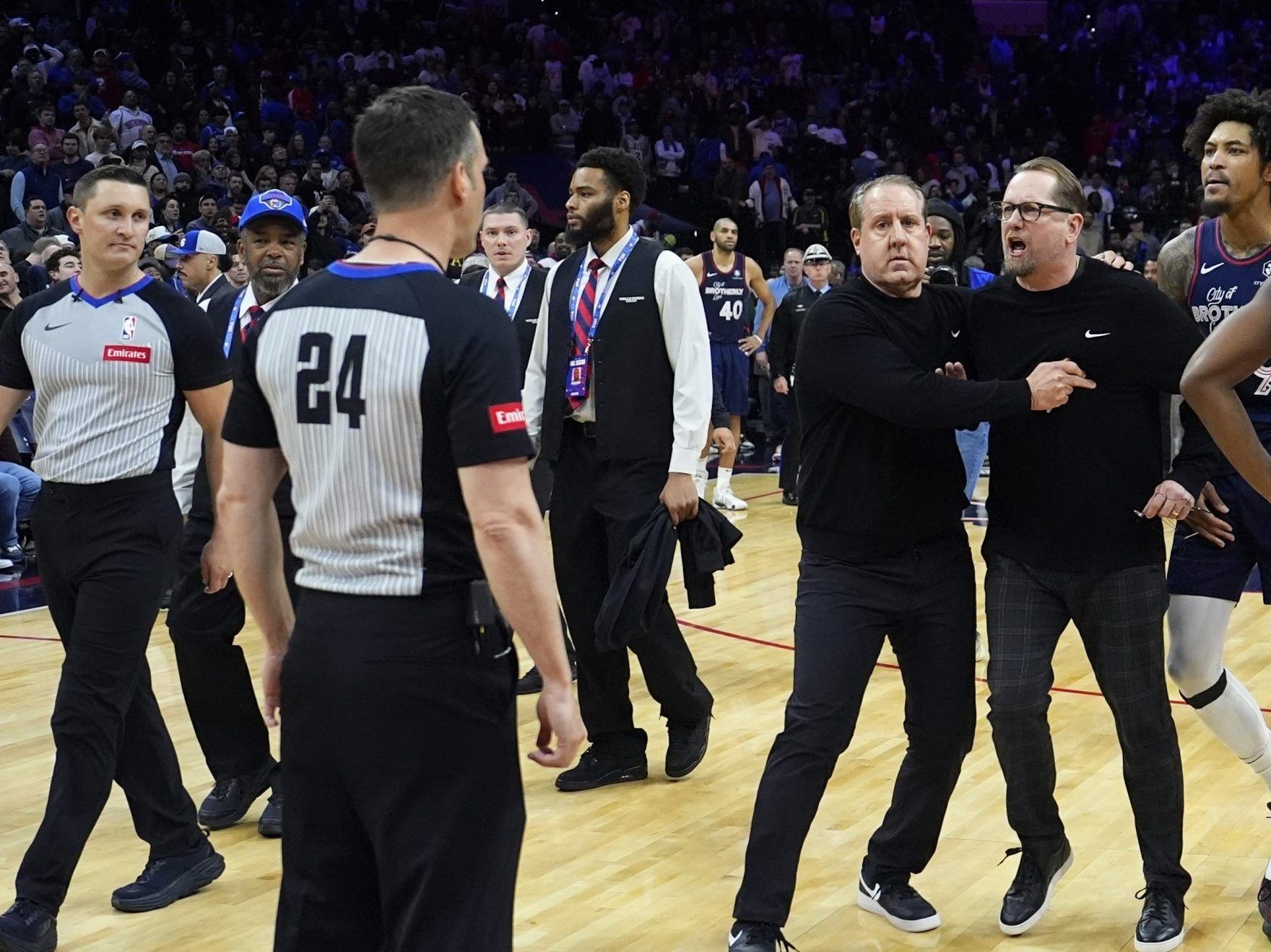 Philadelphia 76ers' Nick Nurse reacts to officials after the 76ers lost an NBA basketball game against the Los Angeles Clippers.