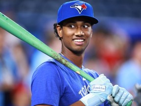 Arjun Nimmala of the Toronto Blue Jays and the 1st pick in the 2023 Major League Baseball draft takes part in batting practice prior to the Blue Jays game against the Arizona Diamondbacks at Rogers Centre on July 14, 2023 in Toronto, Ontario, Canada.