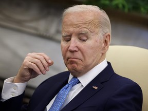 President Joe Biden listens to prepared remarks during a meeting with Italian Prime Minister Giorgia Meloni in the Oval Office at the White House on March 1, 2024 in Washington, DC.