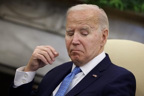 President Joe Biden listens to prepared remarks during a meeting with Italian Prime Minister Giorgia Meloni in the Oval Office at the White House on March 1, 2024 in Washington, DC.