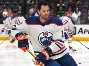 Adam Henrique (19) of the Edmonton Oilers warms up prior to a game against the Columbus Blue Jackets at Nationwide Arena on March 7, 2024, in Columbus, Ohio.