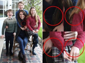 A combination of pictures made on March 11, 2024 shows a handout photo released by Kensington Palace on March 10, 2024 of the Princess of Wales with her children, alongside a version highlighting several inconsistencies in alignments.