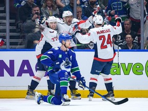Capitals' Alex Ovechkin celebrates after scoring against the Canucks on March 16.