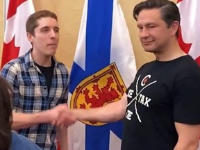 This screengrab taken from video posted to X by Liberal MP Mark Gerretsen shows comedian Dan Dillabough and Conservative Leader Pierre Poilievre during a segment of the CBC show, "This Hour has 22 Minutes"