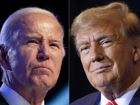 This combo image shows U.S. President Joe Biden, left, and Republican presidential candidate former President Donald Trump, right.