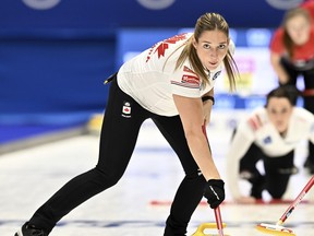 Briane Harris, Canada, in action during the match between Norway and Canada during the semi finals of the LGT World Women's Curling Championship at Goransson Arena in Sandviken, Sweden, Saturday March 25, 2023.