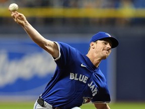 Blue Jays starting pitcher Chris Bassitt delivers to the Tampa Bay Rays during the first inning on Friday, March 29, 2024, in St. Petersburg, Fla.