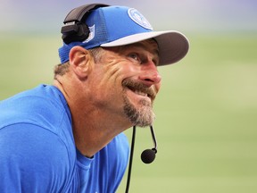Head coach Dan Campbell of the Detroit Lions looks on during a game against the Atlanta Falcons at Ford Field on September 24, 2023.