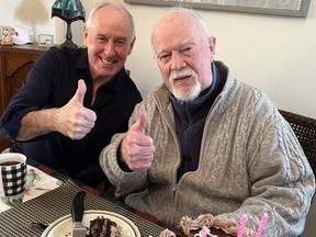 In image posted to X on March 10, 2024 by Ron MacLean, left, with Don Cherry.