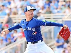 Chris Bassitt of the Blue Jays delivers a pitch to the New York Yankees during a 2024 Grapefruit League Spring Training game at TD Ballpark on March 8, 2024 in Dunedin, Florida.