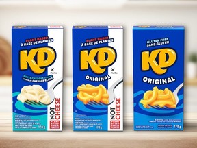 Three boxes of KD -- two plant-based options and one gluten-free version.