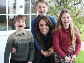 Prince Louis, Prince George and Princess Charlotte seen with their mother Kate Middleton in a new photo released by Kensington Palace.