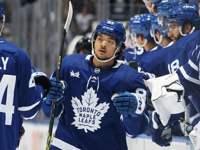 Nick Robertson of the Toronto Maple Leafs celebrates a goal against the Montreal Canadiens during a pre-season game at Scotiabank Arena on September 28, 2022.