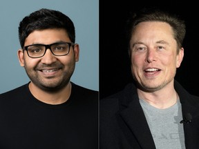 This combination of pictures created on Oct. 27, 2022 shows Parag Agrawal (left) and Elon Musk.