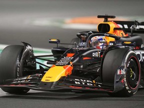 Red Bull driver Max Verstappen of the Netherlands steers his car during the Formula One Saudi Arabian Grand Prix at the Jeddah Corniche Circuit, in Jeddah, Saudi Arabia, Saturday, March 9, 2024.