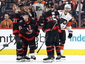 Vladimir Tarasenko of the Ottawa Senators — No. 91 — reacts with teammates after scoring during the second period against the Philadelphia Flyers at the Wells Fargo Center on March 2, 2024 in Philadelphia.