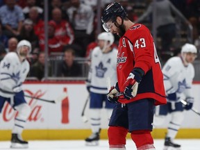 Tom Wilson #43 of the Washington Capitals reacts after Jake McCabe #22 of the Toronto Maple Leafs scored a goal during the second period at Capital One Arena on Wednesday night.
