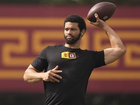 Southern California quarterback Caleb Williams throws during the NCAA college football team's NFL Pro Day, Wednesday, March 20, 2024, in Los Angeles.