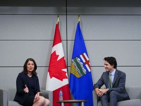 Prime Minister Justin Trudeau meets with Alberta Premier Danielle Smith as Canada's premiers meet in Ottawa on Feb. 7, 2023.