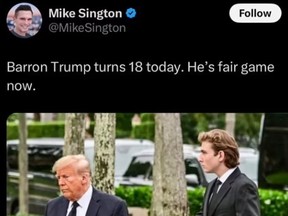 Former NBC executive Mike Sington shared a post on social-media site X on Wednesday on Barron Trump's 18th birthday.