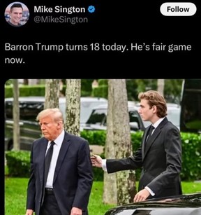 Former NBC executive Mike Sington shared a post on social-media site X on Wednesday on Barron Trump's 18th birthday.