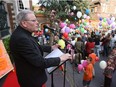 A picture taken on May 12, 2006 shows the Bishop of Brugge Roger Vangheluwe speaking during a silent demonstration against pointless violence in Kortrijk.