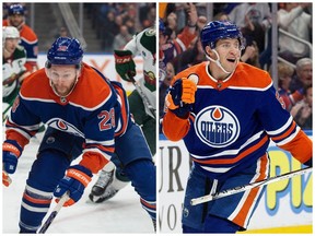 The Edmonton Oilers' Connor Brown, left, and Dylan Holloway, right.