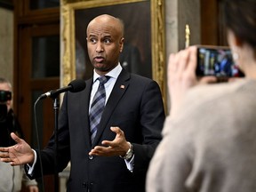 International Development Minister Ahmed Hussen is discussing Canada's decision on resuming aid to the UN Relief and Works Agency for Palestine Refugees in the Near East today. Hussen speaks in the Foyer of the House of Commons before Question Period on Parliament Hill in Ottawa, Thursday, Feb. 15, 2024.
