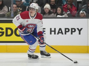 Canadiens defenceman Kaiden Guhle skates against the Sharks in San Jose, Calif., on Nov. 24, 2023. The Montreal defenceman received a one-game suspension from the NHL on Friday, March 29, 2024, for slashing Philadelphia Flyers forward Travis Konecny.