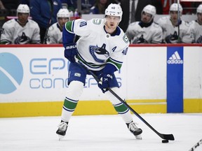 Vancouver Canucks centre Elias Pettersson (40) in action during the second period of an NHL hockey game against the Washington Capitals, Sunday, Feb. 11, 2024, in Washington.