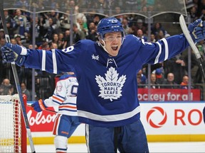 Pontus Holmberg of the Toronto Maple Leafs celebrates one of his two goals against the Edmonton Oilers at Scotiabank Arena on March 23, 2024 in Toronto.