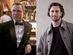 This combination of photos shows actor Daniel Craig as James Bond in a scene from "No Time To Die," left, and actor Aaron Taylor-Johnson at the Giorgio Armani women's Fall-Winter 2024-25 collection in Milan, Italy, on Feb. 25, 2024.