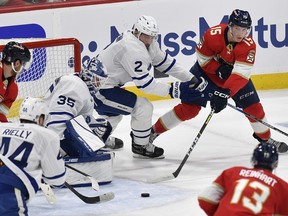 The Florida Panthers' Anton Lundell tries to score against Toronto Maple Leafs goaltender Ilya Samsonov during the first period of Game 3 in Sunrise, Fla., on Sunday, May 8, 2023.
