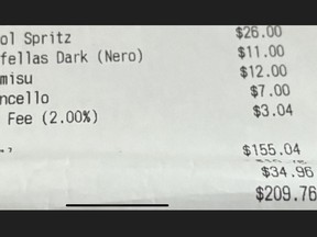 The bill from a recent meal at Goodfellas Wood Oven Pizza on Old Mill Dr. in Toronto shows a 2% carbon fee.