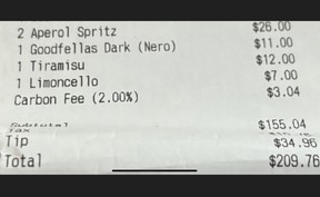 The bill from a recent meal at Goodfellas Wood Oven Pizza on Old Mill Dr. in Toronto shows a 2% carbon fee.