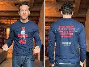 Canadian actor Ryan Reynolds models the new Terry Fox Foundation shirt.