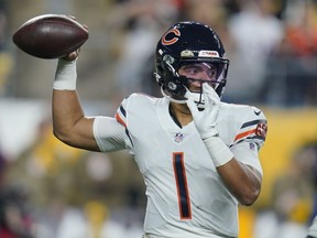 Bears quarterback Justin Fields passes against the Steelers during first half NFL action in Pittsburgh, Nov. 8, 2021. The Bears traded Fields to the Steelers on Saturday, March 16, 2024, according to a person informed of the deal.