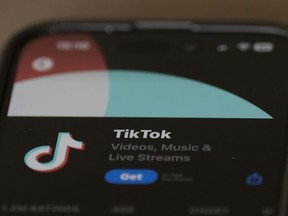 The TikTok download screen is seen on the Apple Store on an iPhone, in Ottawa, Wednesday, Oct. 18, 2023.