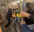 Two unidentified people fight on the subway in Brooklyn.