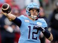 Toronto Argonauts quarterback Chad Kelly throws a pass.