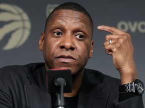 Raptors vice chairman and president Masai Ujiri speaks to the media.