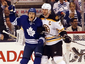 Toronto Maple Leafs' James van Riemsdyk and Boston Bruins' Zdeno Chara during their playoff series in 2013.