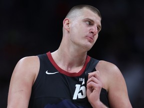 Nikola Jokic of the Denver Nuggets plays the Los Angeles Lakers in the fourth quarter during game two of the Western Conference First Round Playoffs.