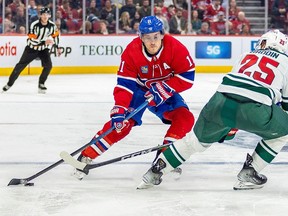 Canadiens' Brendan Gallagher handles the puck under pressure from the Wild's Jonas Brodin during game at the Bell Centre this season. "I still understand how fortunate I am to be able to do this for a living," Gallagher said.