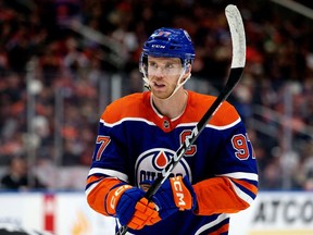 The Edmonton Oilers' Connor McDavid (97) said the Oilers looked dialed in during Saturday's practice in preparation for Monday's playoff opener against the Los Angeles Kings.