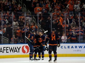 The Edmonton Oilers celebrate their second goal against the Los Angeles Kings during second period NHL action at Rogers Place in Edmonton Thursday March 28, 2024. Photo by David Bloom